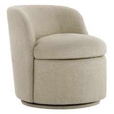 an upholstered swive chair with a round foot rest on the bottom half