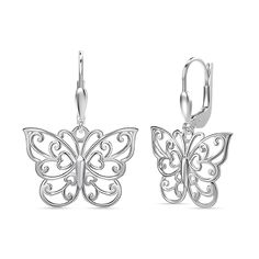 pair of butterfly earrings in white gold with filigrees on the back side