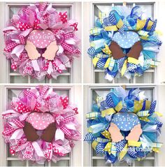 four different wreaths with bows and hearts on the front of them, each decorated in different colors