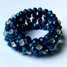 Bracelet, Navy & Rhinestones, Elastic Band To Fit All Sizes Elegant Blue Bracelets With Rhinestones, Navy Crystal Bracelet, Blue Crystal Bracelet With Rhinestones, Elegant Blue Multi-strand Bracelets, Elegant Sapphire Colored Hand-strung Beaded Bracelets, Elastic Band, Womens Jewelry Bracelets, Bead Work, Blue White