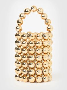 * Pearl Handbag in Gold *  * Match the" Pearl Handbag in Gold" with your super cute fashion-forward look.  * Featuring large gold coloured faux pearls throughout. The structure is solid formed in a bucket shape the inner pouch made of a shimmery satin in white.  * Inspire your casual outfit with this shiny piece. * Mini-basket bag is ideal for storing your party essentials in style.  * Handcrafted with painted gold acrylic beads. * Special design, 100% handmade. * I hope you collect great memori Pearl Beaded Bag, Pearl Purse, Bead Bag, Wedding Handbag, Motifs Perler, Pearl Bag, Gold Handbags, Beaded Bag, Bag Luxury