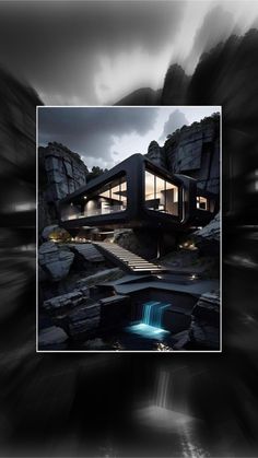 an image of a house in the middle of some rocks with water coming out of it