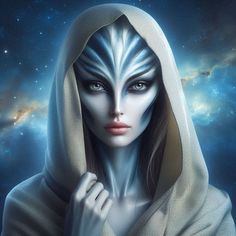 a woman with white makeup and blue eyes wearing a hoodie in front of a galaxy background