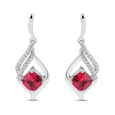 These gorgeous earrings for her feature cushion-cut lab-created rubies set in classic sterling silver. Swirls of round-cut white lab-created sapphires shimmer above to finish the look. The earrings secure with friction backs. Wedding Earrings With Lab-created Ruby Gemstone, Elegant Ruby Earrings With Diamond Accents, Elegant Ruby Diamond Earrings, Elegant Diamond White Earrings With Birthstone, Elegant Diamond Birthstone Earrings, Elegant Diamond White Birthstone Earrings, Elegant White Gold Diamond Earrings With Birthstone, Formal Jewelry With Lab-created Ruby And Accent Stones, Elegant Gemstone Earrings With Lab-created Ruby