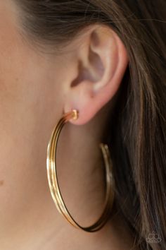 Three flat gold bars curl around the ear, boldly stacking into an edgy hoop. Hoop measures approximately 2 1/2" in diameter.

 Sold as one pair of hoop earrings. Paparazzi Jewelry Images, Live Text, Gold Bars, Nickel Free Jewelry, Paparazzi Accessories, Red Earrings, The Ear, Bracelet Clasps, Paparazzi Jewelry