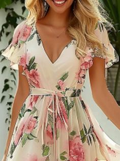 Robe florale d'été à manches courtes pour femmes, col en V, sortie quotidienne, vacances, mi-longue, ligne a Dress For Cruise, Wait Dress, Summer Floral Dress, Floral Skirts, Cruise Wedding, Prom Dresses For Teens, Spring Floral Dress, Midi Short Sleeve Dress, Floral Fashion