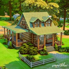 an artist's rendering of a log cabin in the middle of a lush green field