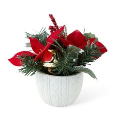 a white vase filled with red flowers and greenery