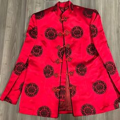 Size 6 With Light Shoulder Pads, Traditional Chinese Buttons, Great Silk Fabric In Luxury Design. Full Lining. Red Stand Collar Outerwear With Buttons, Red Stand Collar Blazer For Winter, Red Fitted Blazer With Stand Collar, Lucky Design, Pattern Brands, Custom Jacket, Silk Jacket, Traditional Chinese, Jacket Coat