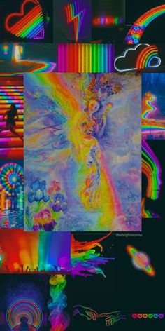 a collage of images with different colors and shapes in the background, including an angel surrounded by rainbows