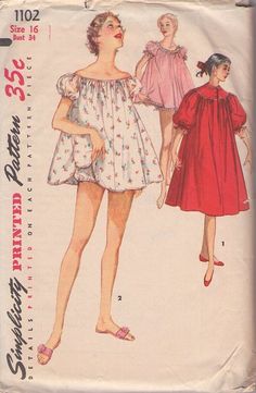 Simplicity 1102; ©1955; Misses' Nightgown, Shortie Nightgown and Panties Mother Daughter Fashion, Womens Golf, Trendy Sewing