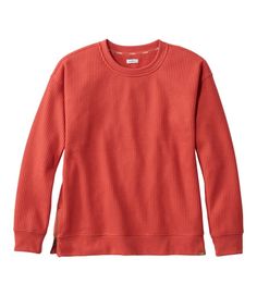 This crewneck sweatshirt amplifies the comfort of waffle-knit fabric – with classic waffle texture on the outside, a soft-brushed inside and allover stretch for supreme ease. Relaxed Fit: Our most generous fit sits farthest from the body. Falls at hip. Waffle-knit blend of 96% polyester with 4% spandex. Machine wash and dry. Relaxed crewneck. Stylish side zips at hem. Ribbed neck, cuffs and hem. Imported. Fit: Relaxed Fit | Women's Birchwood Brushed Waffle Top, Crewneck, Polyester Blend Waffle Toppings, Knit Tops, Crew Neck Shirt, Women's Shirts, L L Bean, Waffle Knit, Fabric Care, Amazing Women, Crewneck Sweatshirt