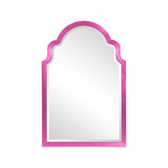 a mirror that is sitting on top of a white surface with pink trimmings