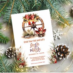 an image of a christmas party card with pine cones and bells on it, surrounded by evergreen branches