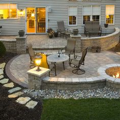 an outdoor patio with fire pit and seating area