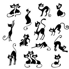 black and white silhouettes of cats in various poses, including one sitting on the ground