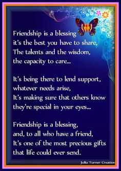 a blue background with an orange border and a purple butterfly on it, saying friends is a blessing