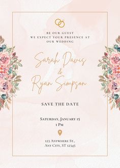 a wedding card with flowers and leaves on the front, says save the date in gold