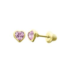 14K yellow gold 4x4 millimeter heart stud earrings with pink cubic zirconia Pink Heart Earrings Fine Jewelry For Gifts, Pink Fine Jewelry Heart Earrings As Gift, Yellow Gold Heart Earrings With Prong Setting For Gift, Hypoallergenic Yellow Gold Heart Cut Jewelry, Hypoallergenic Heart Cut Yellow Gold Jewelry, Pink Heart Cut 14k Gold Jewelry, Pink 14k Gold Heart Cut Jewelry, Valentine's Day Yellow Gold Heart Earrings With Birthstone, Pink Nature