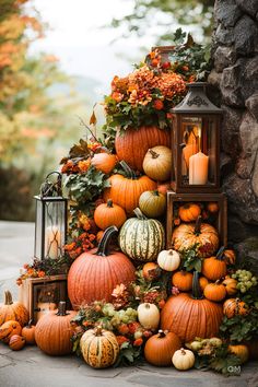 Rustic Autumn Wedding Decorations: A stacked display of vibrant pumpkins, flowers, and candles creating a warm, inviting atmosphere for an October wedding outside. Fall Wedding Backdrops, Floral Arches, Wooden Backdrop, Rustic Table Setting, Warm Color Palette, Wooden Backdrops, Pumpkin Wedding, Wedding Arbour, Wedding Themes Fall