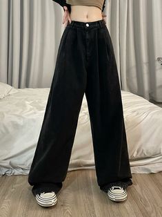 Size: M L XLWaist shape: Natural waistColor classification: BlackPants placket: ZipperApplicable season: All seasonsYear Season: Fall 2022Trouser length: Long pantsStyle: wide-legged pantsColor: Dark High Waist Solid Color Bottoms For Streetwear, Baggy High Waist Solid Jeans, High Waist Baggy Solid Jeans, Baggy Black Denim Bottoms, Black High Waist Bottoms, Black Jeans With Loosely Fitted Hips For Streetwear, Black Solid Color Bottoms For Fall, High Waist Black Denim Bottoms, Baggy Black Wide Leg Jeans