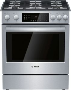 a stainless steel oven with four burners on the front and one in the middle