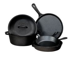 three black pots and pans on a white background with the word lodge printed on them