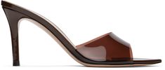 Handcrafted transparent TPU and patent leather slip-on heeled sandals in brown. · Open pointed toe · Strap at vamp · Logo stamp at padded leather footbed · Covered stiletto heel with rubber injection · Leather sole · Heel: 3.25 Supplier color: Brown Logo Stamp, Heeled Sandals, Leather Slip Ons, Gianvito Rossi, Stiletto Heel, Patent Leather, Stiletto Heels, Apparel Accessories, Sandals Heels