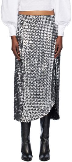 Sequinned stretch polyester mesh midi skirt. · Zip closure at waistband · Vent at front hem · Full mesh lining Supplier color: Silver multi Silver Sequin Skirt, Mesh Midi Skirt, Ruched Midi Skirt, Full Midi Skirt, Kilt Skirt, Anna Sui, White Skirts, Womens Bottoms, Gingham