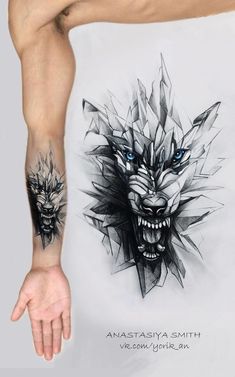 a man's arm with tattoos on it and an image of a snarling wolf