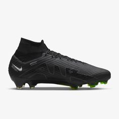 the nike vapor soccer shoe is shown in black and neon green colors, with white lettering on