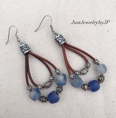 Southwest Loop Leather Earrings With Blue Recycled Sea Glass And Silver Beads