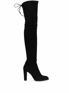 Black leather Highland 120mm thigh-high boots from STUART WEITZMAN featuring round toe, rear tie fastening, branded insole and high block heel. | Stuart Weitzman Highland 120mm thigh-high boots Womens Black Knee High Boots, Long Knee High Boots Outfits, Black Dress With High Boots, Black Knee High Heels, Black Boots Knee High, How To Wear Thigh High Boots, Skz Outfits, Black Long Boots, Black Thigh Boots