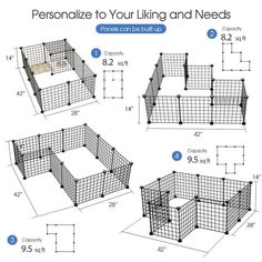 four different types of dog kennels with measurements