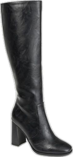 Classic Black Mid-calf Heeled Boots, Fitted Knee-high Wedge Boots For Winter, Fitted Mid-calf Heeled Boots With Stacked Heel, Black Tall Wide Calf Platform Boots, Black Tall Platform Boots With Wide Calf, Fitted Tall Black Knee-high Boots, Fitted Mid-calf Boots With Stacked Heel, Black Fitted Tall Heeled Boots, Black Knee-length Boots