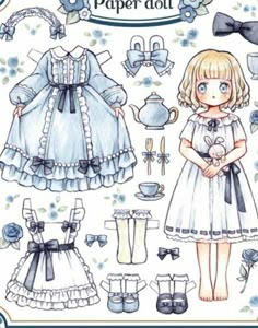 the paper doll is dressed in blue and has white dress, bonnets, shoes, and teapot