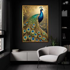 a peacock painting on a black wall next to a white chair