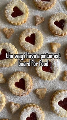 some heart shaped cookies on top of a sheet of paper with the words, the way i have a pinterest board for food