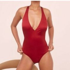 For Love & Lemons Red Satin Halter Bodysuit. Brand New, Never Worn! Fitted V-neck Swimwear For Holiday, Elegant Red Backless Swimwear, Chic Red Halter Neck Swimwear, Red Halter Neck Bodysuit With Lined Body, Red Sleeveless Party Swimwear, Red Sleeveless Swimwear For Party, Chic Red Backless Swimwear, Elegant Red Bodysuit For The Beach, Elegant Fitted Red Swimwear