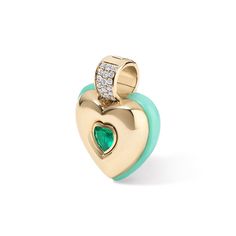 This captivating heart charm is designed to make a bold statement. Featuring a emerald green center stone and layers of gold and mint opal, it promises to be eye-catching and unique. 14K Yellow Gold Emerald weight = 0.87 carats Mint Opal weight = 0.87 carats Diamond weight = 0.42 carats Diamond bail opens Heart pendant = 3.5cm x 3.5mm, 1cm thick Charm can be purchased on its own or on a 16in chain Emerald Heart Charm Jewelry, Green 14k Gold Heart Jewelry, Green Heart-shaped 14k Gold Jewelry, Heart-shaped Yellow Gold Emerald Jewelry, Heart Shaped Yellow Gold May Birthstone Jewelry, Heart-shaped Yellow Gold Jewelry For May Birthstone, Yellow Gold Heart Jewelry For May Birthstone, Green Emerald Heart Pendant Jewelry, Luxury Heart-shaped Emerald Jewelry