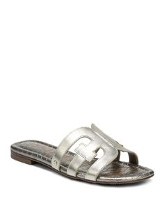 Sam Edelman Women's Bay Slide Sandals Classic Tan Sandals For Summer, Casual Tan Sandals With Leather Lining, Silver Leather Slides For Summer, Silver Leather Slides With Cushioned Footbed, Adjustable Tan Leather Sandals, Casual Silver Leather Slides, Flat Silver Leather Mules, Classic Silver Sandals For Spring, Classic Silver Sandals For Summer