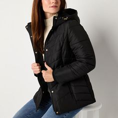 This Liz Claiborne women's hooded puffer jacket will add a chic and warm finish to your cold-weather looks. Made from a quilted material, this lined midweight style has snap and zip closures, side pockets and a tailored silhouette. Wear it over a sweater with jeans and boots.Features: HoodedClosure Type: Snap & ZipperFit: Classic FitPockets: 2 Side Zip PocketsSleeve Length: Long SleeveWarmth Factor: MidweightApparel Length: 26.5 Inches - BackOuterwear Length: MidFiber Content: 100% PolyesterFab… Black Puffer Jacket With Adjustable Hood, Casual Quilted Jacket With Double-lined Hood, Quilted Jacket With Double-lined Hood For Fall, Black Quilted Jacket For Outdoor, Trendy Hooded Quilted Jacket For Fall, Fall Quilted Jacket With Adjustable Hood For Cold Weather, Hooded Fall Puffer Jacket, Quilt Jacket, Liz Claiborne