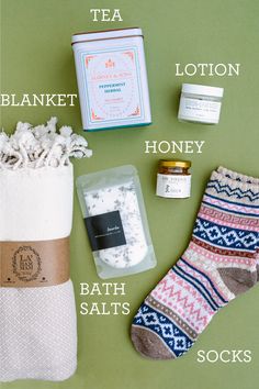 Free Shipping Includes:- Cotton Turkish blanket- Wool-blend socks - Lavender bath salts- Lotion jar- Tin of Peppermint Herbal Tea (20 sachets)- Raw Virginia honey- Vellum overlay - Handwritten note with your message