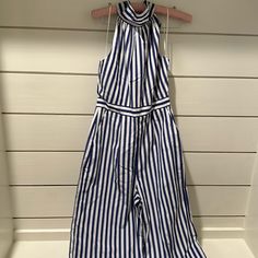 J Crew High Neck Sleeveless Jumpsuit. Ankle Length With Wide Legs And Bow Ties In The Back. Has Pockets And Is Lightweight. Never Worn Striped Sleeveless Jumpsuits And Rompers For Spring, Striped Sleeveless Jumpsuit For Spring, Sleeveless Striped Jumpsuits And Rompers For Spring, Summer Workwear Halter Neck Jumpsuits And Rompers, Elegant Striped Sleeveless Jumpsuits And Rompers, Summer Workwear Halter Neck Jumpsuit, Striped Jumpsuits And Rompers For Summer Workwear, High Neck Jumpsuit, High Neck Sleeveless