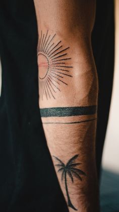 Elbow Tattoo Men, A Tattoo, Arm Tattoo, Palm Tree, Sun, Tattoos, Arm Tattoos