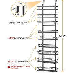 a tall metal rack with multiple shelves and measurements