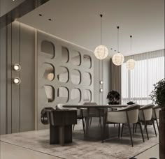 an elegant dining room with modern furniture and lighting