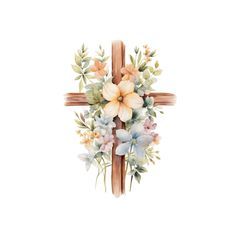 a cross decorated with flowers and leaves on a white background is featured in this image