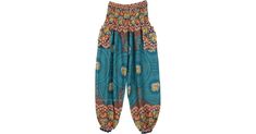 Teal Blue Elephant Mandala Print Harem Pants in Clothing - A fun flowing elephant mandala printed hippie harem pants with smocked waist and cuffed hem, pull-on pants with two functional side pockets. Features: Split-Skirts-Pants, Pocket, Yoga, Vacation, Beach, Printed, Elephant, Bohemian. Bohemian Harem Pants With Elastic Waistband For Loungewear, Blue Hippie Harem Pants With Pockets, Casual Cotton Harem Pants With Boho Print, Spring Boho Print Harem Pants, Hippie Harem Pants With Elastic Waistband For Loungewear, Hippie Harem Bottoms With Elastic Waistband, Blue Hippie Harem Pants With Elastic Waistband, Blue Bohemian Harem Pants Relaxed Fit, Blue Bohemian Harem Pants With Elastic Waistband