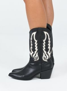 Cowgirl boots Faux leather material Hero Image: Cathlin Detail stitching Mid-calf length Pull tabs Pointed toe Block heel Heel height: 6.5cm / 2.5" Hero Image, Lace Up Wedges, Loafer Sneakers, Outerwear Outfit, Casual Sport Shoes, Heeled Loafers, Platform Sneakers, Cowgirl Boots, Boots Black